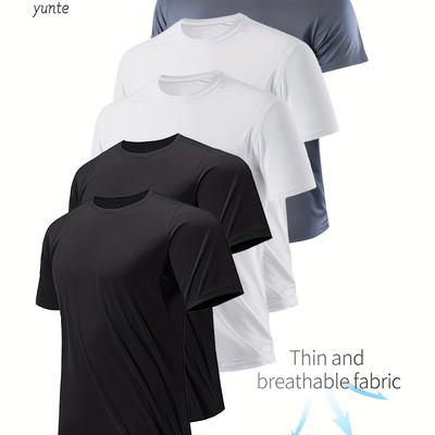 TEMU 5 Pcs Breathable Solid Color T-shirt, Men's Casual Comfy Tee For Summer, Men's Short Sleeve Top For Daily Activity