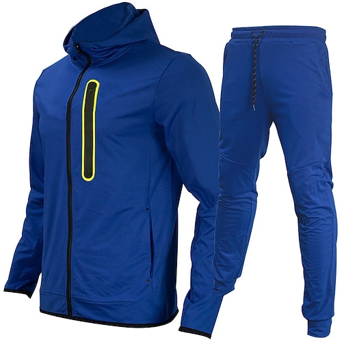 Herren Trainingsanzug Jogginganzug Kordelzug Tasche Farbblock Jacke und Jogginghose Sportbekleidungsset Frühling Herbst Blau und Weiß Schwarz-rot Fitnesstraining Joggen Laufen Weich Atmungsaktiv Image