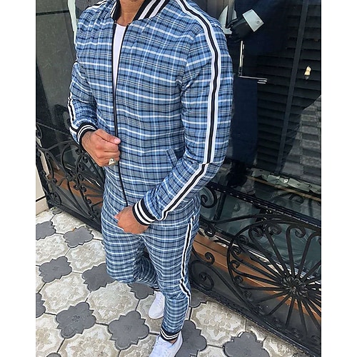 Herren Trainingsanzug Jogginganzug Kordelzug Tasche Kariert Sportbekleidungsset Frühling Herbst Weiß Marinenblau Fitnesstraining Joggen Laufen Weich Atmungsaktiv Langarm Sport Sportkleidung Image