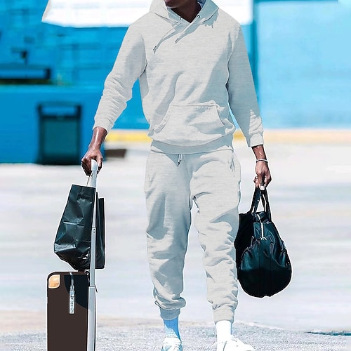 Herren Trainingsanzug Jogginganzug Kordelzug Tasche Einfarbig Kapuzenpulli und Hose Jacke und Jogginghose Sportbekleidungsset Herbst Dunkelgrau Cachi scuro Fitnesstraining Joggen Laufen Thermowarm Image