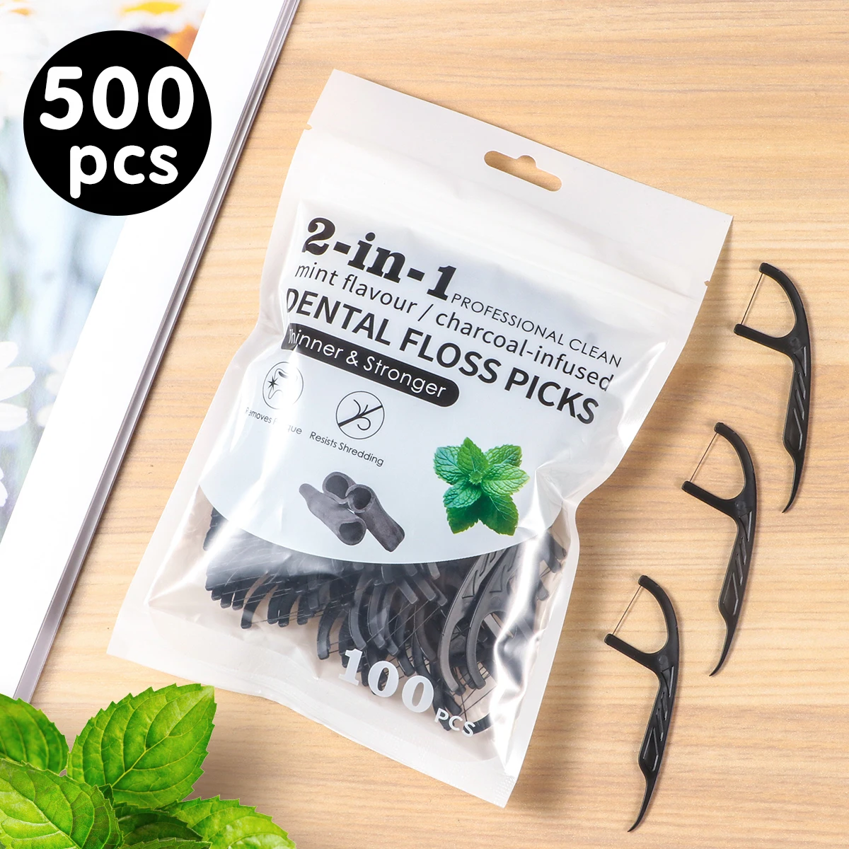 500/300/100/30 Stück Zahnseide mit großem Mund aus Minz-Bambuskohle – Reinigung frischer Atem – regelmäßige Vorbereitung für Arbeit und Ausgehen Image