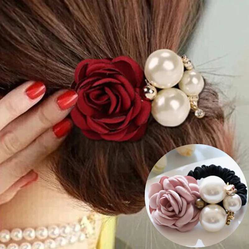 Everyday Pearl Rose Flower Haarschmuck Kamelie Haarseil Scrunchie Image