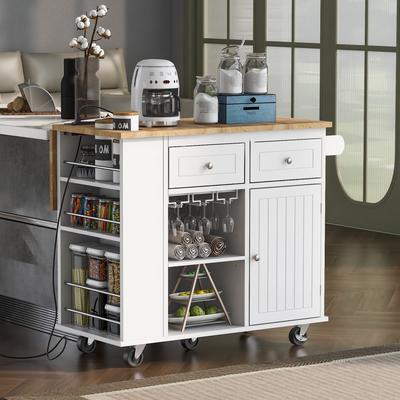 Kitchen Island with Power Outlet,Drop Leaf and Rubber Wood,Open Storage and Wine Rack