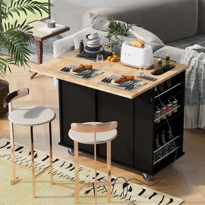 Kitchen Island with Power Outlet,Drop Leaf and Rubber Wood,Open Storage and Wine Rack