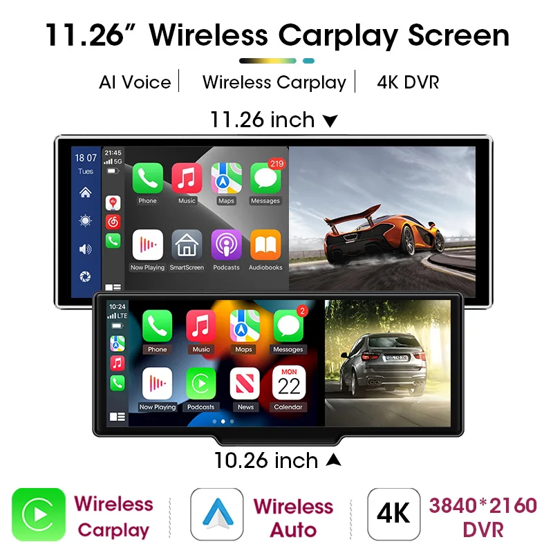 Universal 11,26 Zoll 4K 3840*2160 Auto DVR Multimedia Drahtlose Carplay & Android Auto BT AUX für MP5 Player Monitor Bildschirm Image