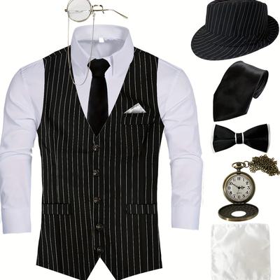 TEMU 7pcs/sets 1920s Mens Costume Roaring 20s Costumes For Men 1pc Fedora Hat 1pc Vest 1pc Pocket Watch 1pc Bow Tie 1pc Tie 1pc Pocket Squares 1pc