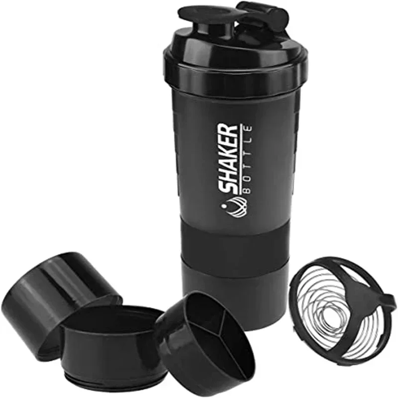 1pc Tazza portatile per shaker proteico con contenitore per la conservazione della polvere Tazza per miscelatore da 500 ml Bottiglie d'acqua sportive per palestra con palla per frusta a filo