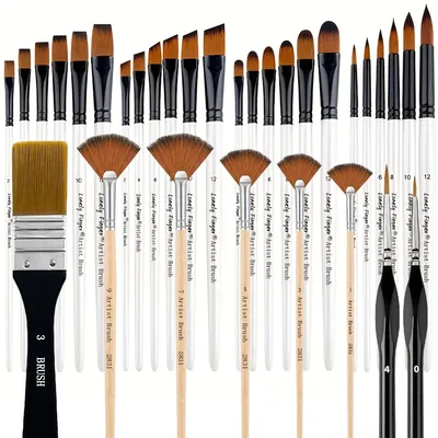 32pcs Artist Paint Brushes Set, Nylon Bristle With Round Filbert Flat Fan Angle Detail Brush For
