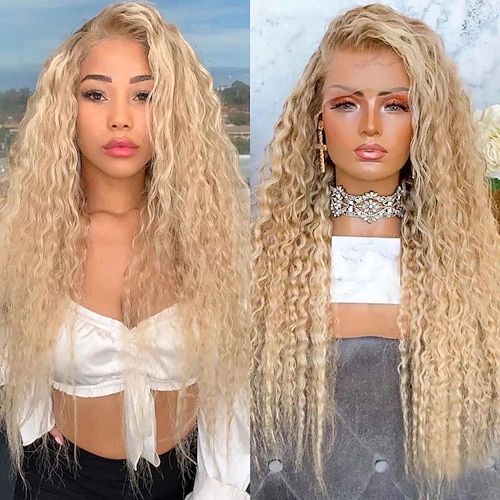Remy Menschenhaar 13x4 Spitzenfront Perücke Freier Teil Brasilianisches Haar Locken Wasserwellen Blond Mehrfarbig Perücke 130% 150% Haardichte mit Babyhaar Gefärbte Haarspitzen (Ombré Hair) 100 Image