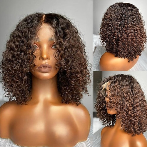 Unverarbeitetes reines Haar 13x4 Spitzenfront Perücke Kurzer Bob Brasilianisches Haar Locken Wasserwellen Braun Perücke 130% 150% Haardichte mit Babyhaar Gefärbte Haarspitzen (Ombré Hair) Natürlicher Image