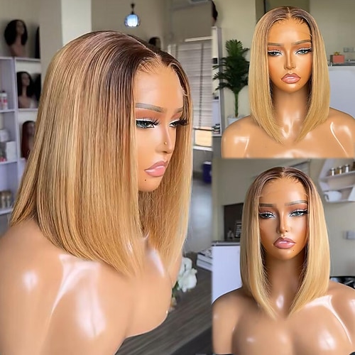gerade Echthaar-Spitzenfrontperücke aus brasilianischem Echthaar in Ombre-Farbe, honigblond, kurzer Bob, Spitzenfrontperücke mit Babyhaar für Frauen Image