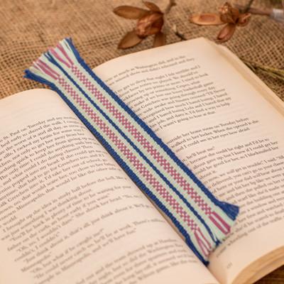 Sweet Letters,'Handwoven Blue and Pink Fringed Cotton Bookmark'