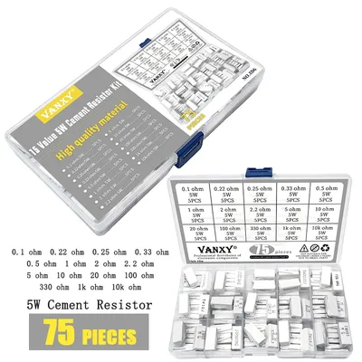 15-Werte-Kit 5 W Zementwiderstand 5 % 0,1 0,22 0,25 0,33 0,5 1 2 2,2 5 10 20 100 330 1K 10K Ohm 0,1R Image