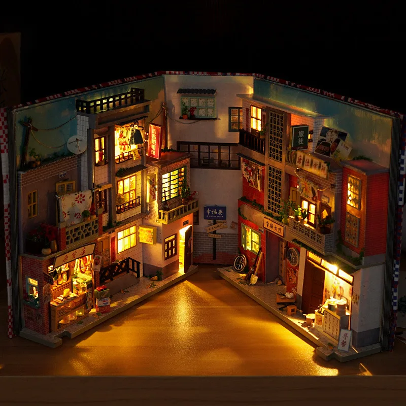Buch Ecke Puppenhaus DIY Miniatur Holz Bücherregal Regal Einsatz Miniaturen Home Modell Kit Puppenhaus Geburtstag Spielzeug Geschenke