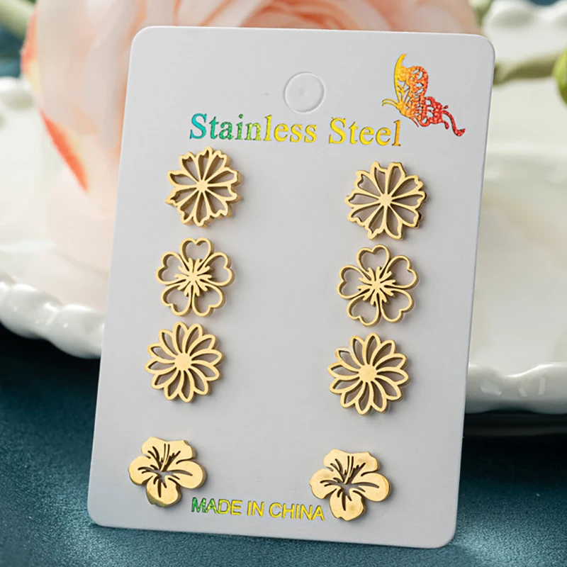 4 Paare/los Böhmen Pflaumenblüte Ohrringe Frauen Vintage Daisy Sakura Lilie Ohr Studs für Mädchen Edelstahl Schmuck Hochzeit Geschenk Image