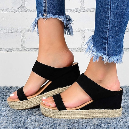 weiße Espadrille-Keilsandalen für Damen mit offener Spitze und Doppelriemen für Freizeit-, Strand- und Sommeroutfits Image