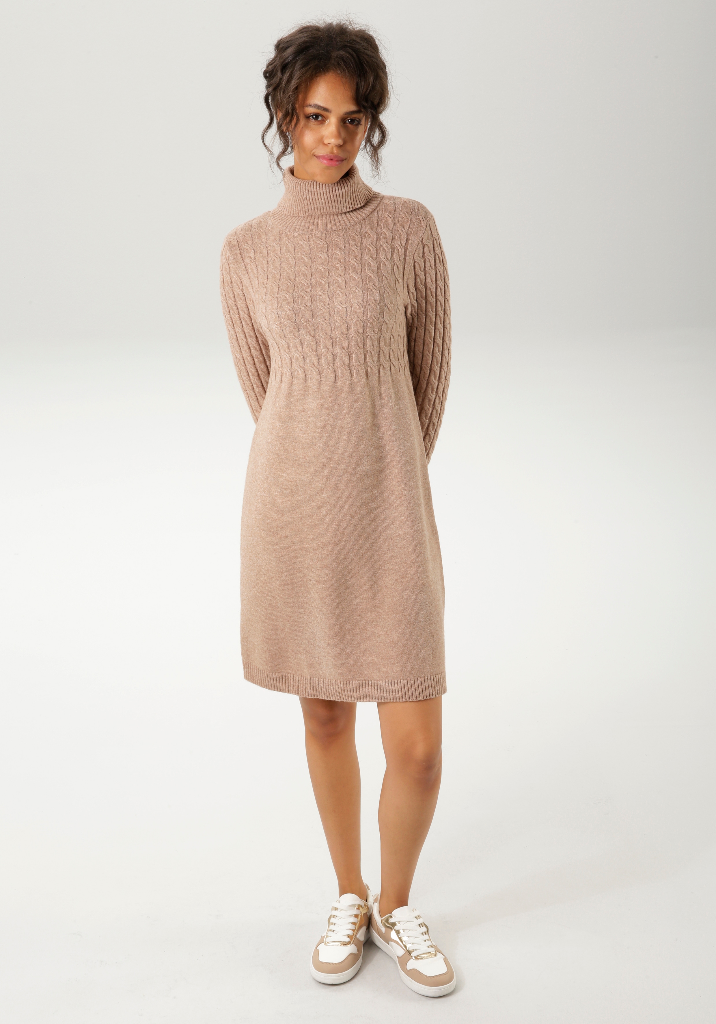 Strickkleid ANISTON CASUAL, Damen, Gr. 46, N-Gr, braun (camelfarben), Feinstrick, Obermaterial: 50% Viskose, 28% Polyester, 22% Polyamid, meliert, unifarben, figurumspielend kniefrei, Rippstrickbündchen, Kleider Strickkleid, mit Zopfmuster im...
