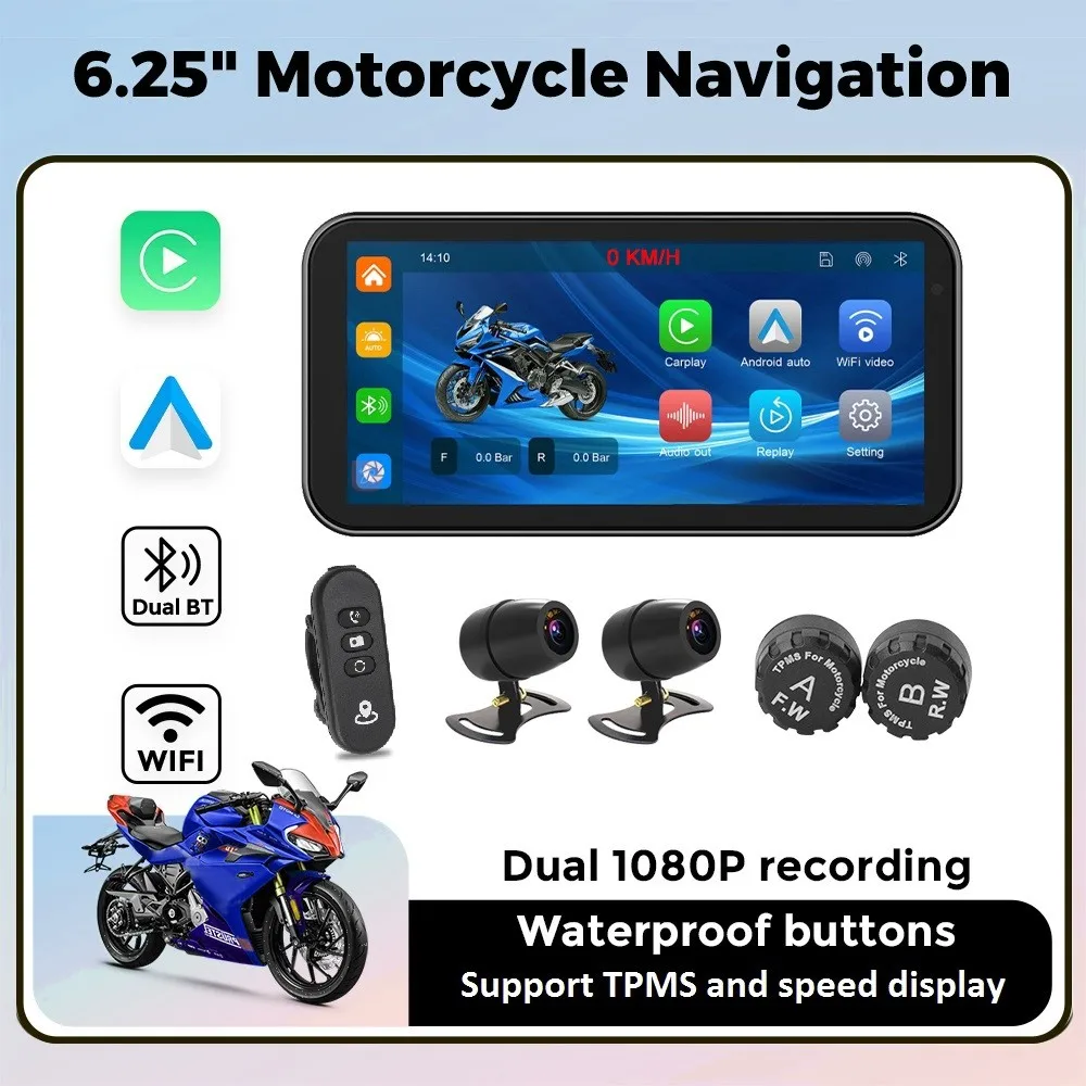6,25 Zoll Wireless Carplay Android Auto Motorrad Tragbare GPS-Navigation Vordere und hintere Dual-Kameras Moto IP67 Wasserdichtes WiFi