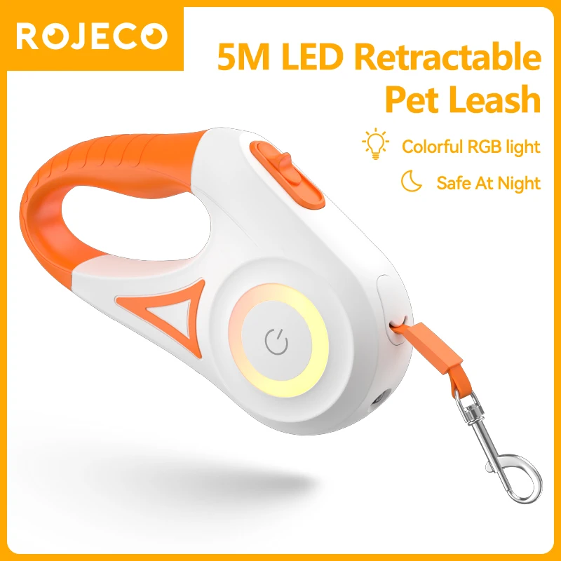 ROJECO 5M Automatische Hundeleine Einziehbare LED Leuchtende Führende Mode Lichtgurte Für Hund Welpen Haustier Flexi Walking Laufen blei Image