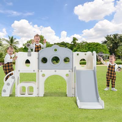 Freestanding Spaceship Set with Slide,Arch Tunnel and Basketball Hoop, Toy Storage Organizer for Toddlers, Kids Climbers