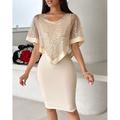 Damen Etuikleid A Linie Kleid Pailletten Rundhalsausschnitt Kurzarm Midikleid kleid hochzeitsgast Cocktailparty Elegant Ausgefallene Beige Sommer
