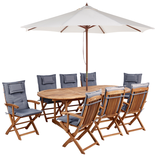 Gartenmöbel Set Hellbraun Akazienholz 10-Teilig Ovaler Tisch mit 8 Stühlen 8 Auflagen Graphit 1 Sonnenschirm Terrasse Outdoor Modern