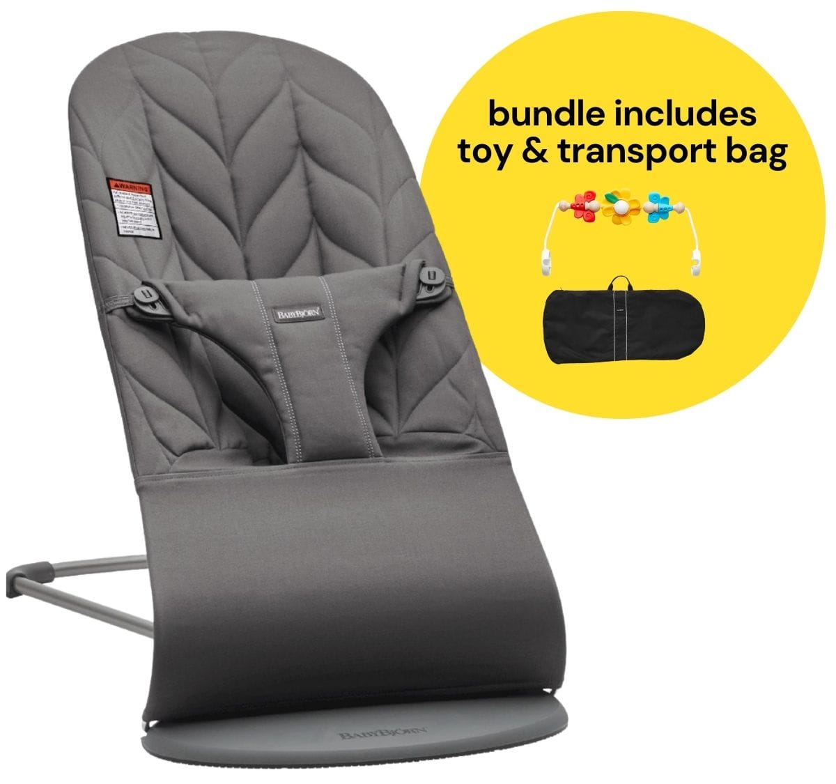 BabyBjorn Bouncer + Flying Friends Toy Bar + Transport Bag Bundle - Bliss, Petal Quilt Cotton Anthra