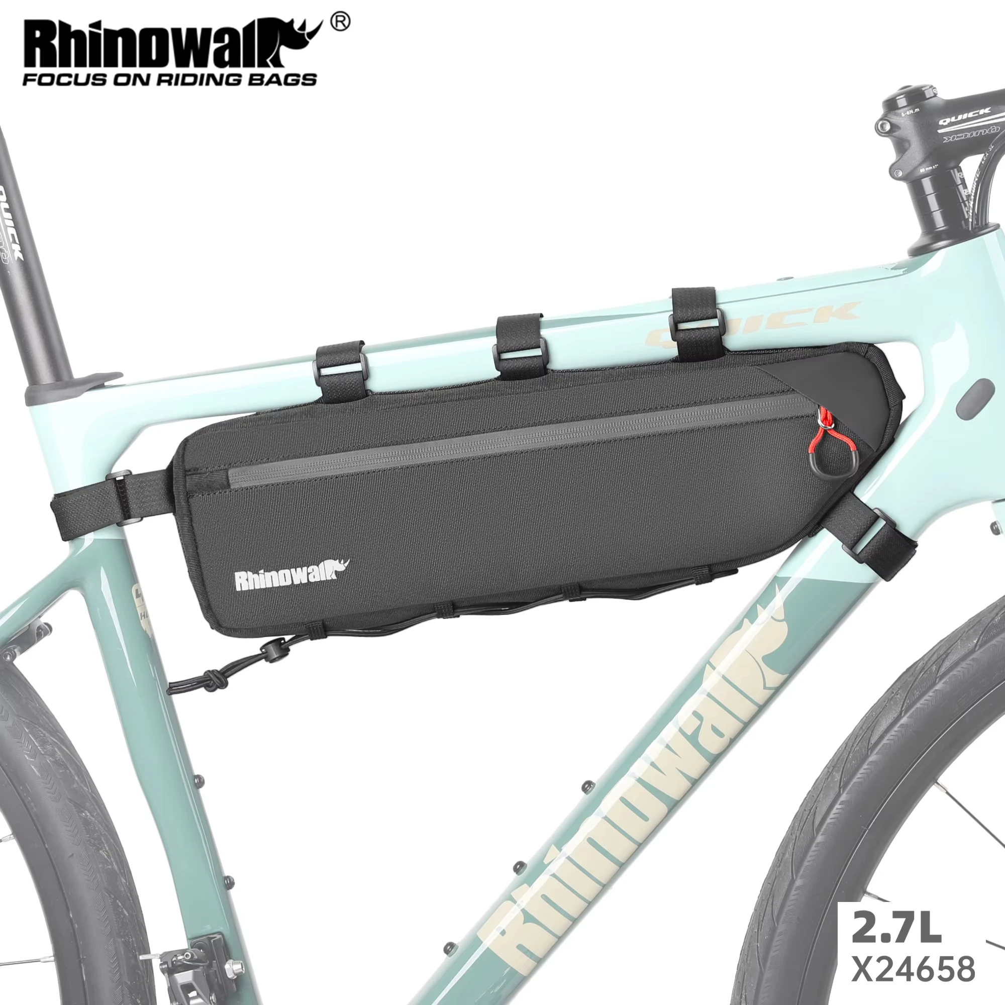 Rhinowalk Fahrrad-Rahmentasche, 2,1 l–2,7 l, spritzwassergeschützt, Fahrrad-Unterrohrtasche, dreieckige Tasche, doppelseitiges SBS-Reißverschluss-Unterbindungssystem Image
