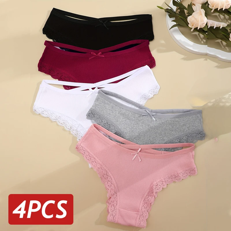 4 pezzi/set mutandine di cotone da donna mutandine brasiliane di pizzo sexy vita bassa scava fuori biancheria intima per lingerie traspirante con fiocco carino femminile