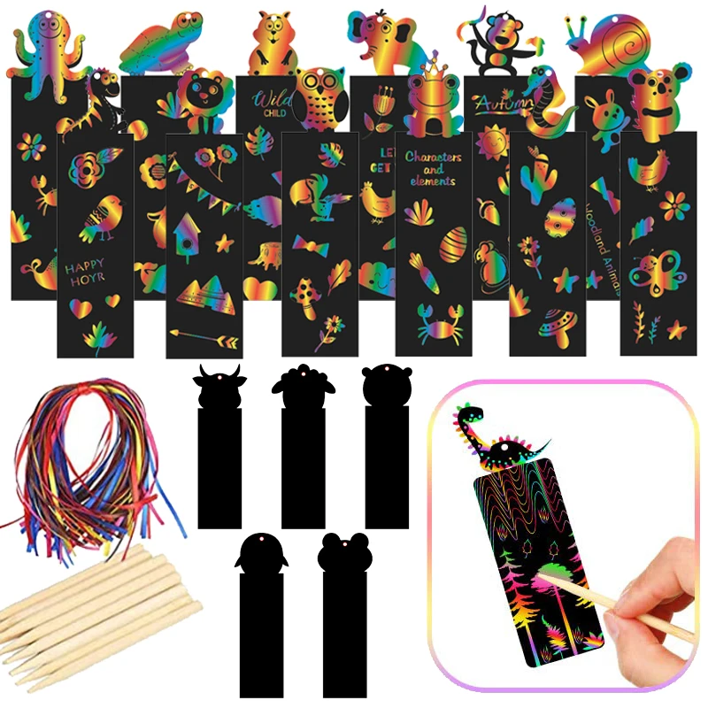 Marque-pages magiques à gratter, 12 pièces, bâton en bambou, cordes à gratter arc-en-ciel, Puzzle pour enfants, jouets de dessin, bricolage artistique TMZ