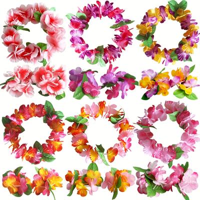 TEMU 18pcs,hawaiian Flower Headband Wristbands Tropical Hawaii Luau Leaf Bracelets Hair Hoops Wreath Women Headpiece Hair Bands Summer Beach Vacation Party Decoration Cosplay Costume Hair Accessories