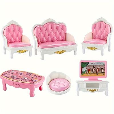 TEMU Pink Dollhouse Furniture Set, Miniature Living Room, Kitchen, Bedroom & Bathroom Playset, Durable Plastic Toy For Girls 3-8 Years Old - 1:12 Scale Pretend Play Housekeeping Collection