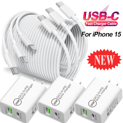 TEMU 3x For Iphone 15 Pro Max Ipad 20w Qc 3.0 Usb-c Fast Charger Pd Type-c 6ft Cable