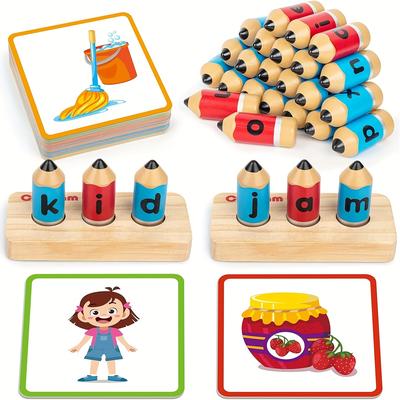 TEMU Coogam Wooden Short Spelling Games, Learn To Cvc Sight Words Educational Flashcards Fine Motor Alphabet Toy Gift For 4 5 Years Old, Without Battery