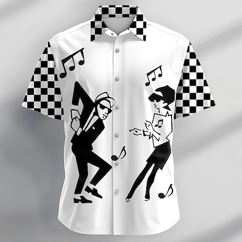 Herren Boardmasters Karomuster Musiknoten Hemd Knopfhemd Kurzarm Lässig Urlaub Täglich Sommer Umlegekragen Knopf hoch 3D-Druck Schwarz Image