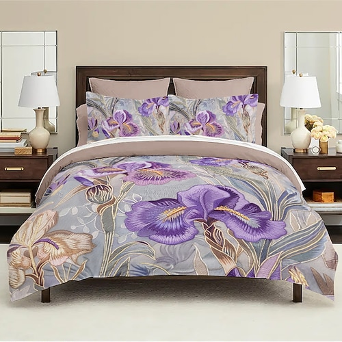 schwingendes Lavendel-Bettbezug-Set, Baumwolle, Blumenmuster, weiches 3-teiliges Luxus-Bettwäsche-Set, Wohndekor, Geschenk, Zwilling, Vollkönig, Queen-Size-Bettbezug Image