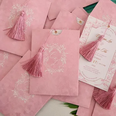 Personalized high-end custom wedding invitation card Light pink velvet material custom logo business invitation card