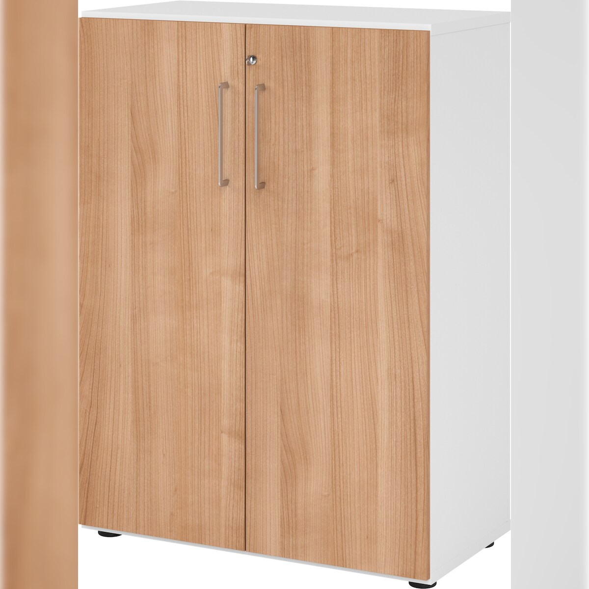 bümö Aktenschrank abschließbar, Büroschrank Holz 80cm breit in Weiß/Nussbaum - abschließbarer Schrank mit Aktenregal für's Büro & Arbeitszimmer, Büro