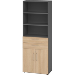 bümö Aktenregal & Schrank abschließbar, Büroschrank Regal & Schubladen Kombination Holz 80cm breit in Graphit/Eiche - Schrank für's Büro & Image