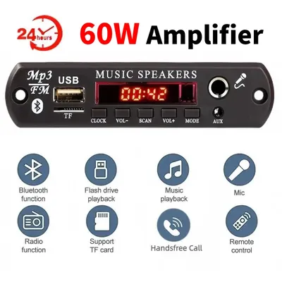 60W Amplifier Bluetooth 5.3 DIY MP3 WAV Decoder Board DC 12V Wireless Car USB MP3 Player TF Card USB FM With Time Display