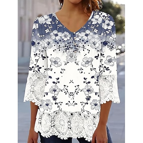 Bluse Eleganti in Pizzo per Donna con Occhielli Blusa Casual Ombre con Bottoni in Pizzo a Maniche 3/4 Top Regolari Collo a V Top Petits Romantici da Indossare in Estate e Vacanza Nero Rosa Blu Verde