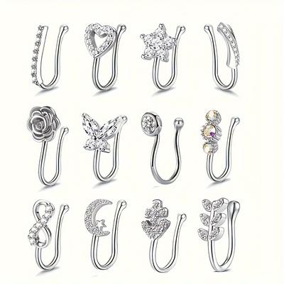 TEMU 12pcs Clip On Nose Ring Butterfly Flower Etc Shape Fake Piercing Nose Ring U-shaped Nose Jewelry Set