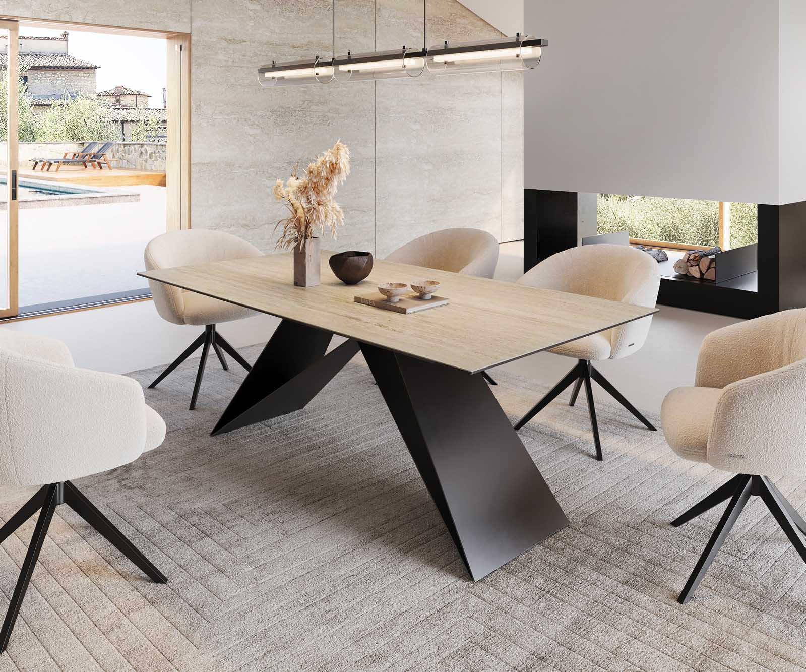 DELIFE Esstisch Edge 200x100 Keramik Travertin Natur V-Gestell Flachstahl Schwarz, Esstische Image