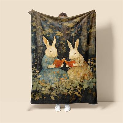 Easter Day Rabbit Sisters Reading Books Scandinavian Super Soft Throws Blanket, Novelty Flannel Throw Blankets Warm 3D Printed All Seasons Gifts Folk Art Big Blanket