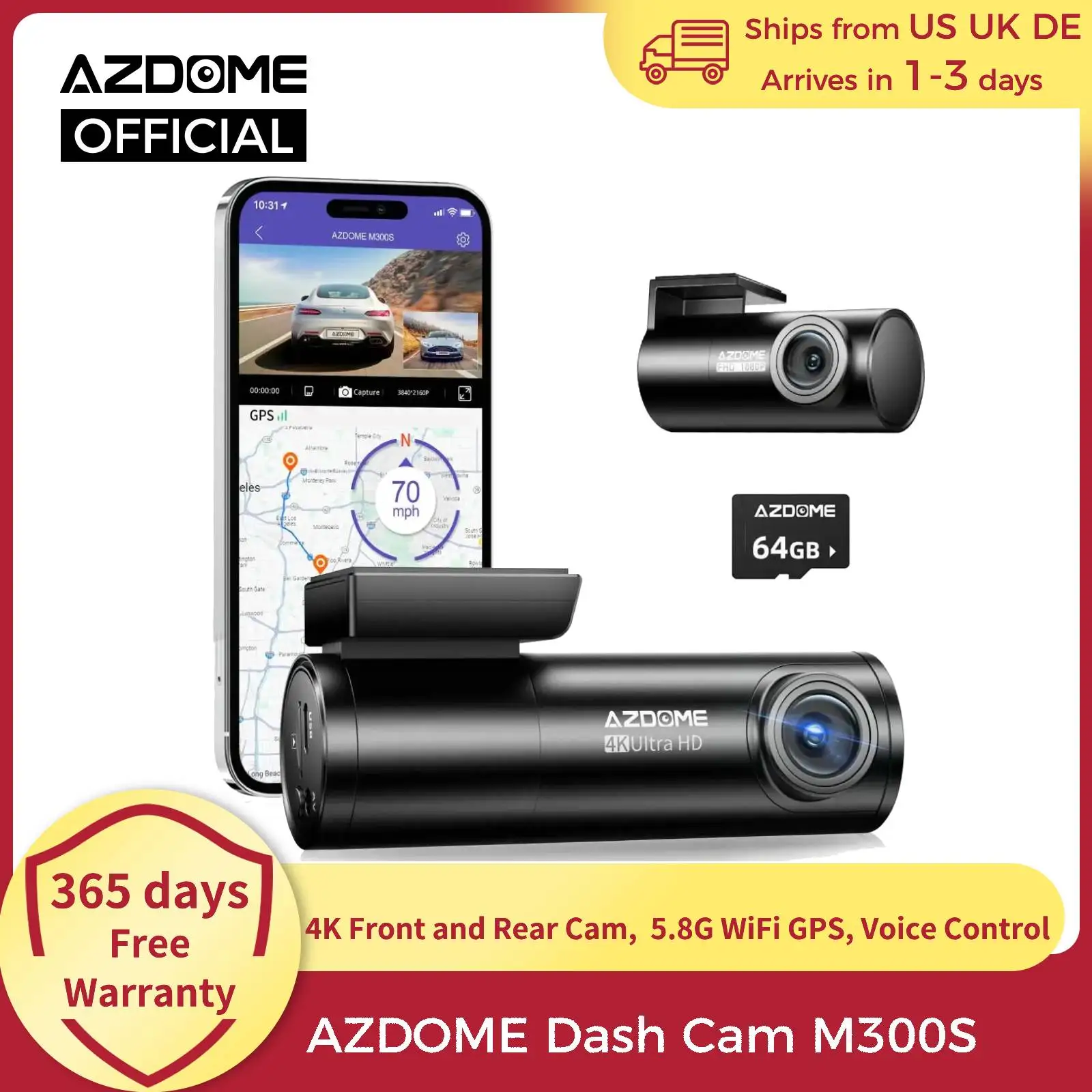 AZDOME M300S 4K Dash Cam vorne und hinten, 5,8 G WiFi GPS Dash Kamera für Autos, kostenlose 64 GB SD-Karte, Sprachsteuerung, WDR-Nachtsicht