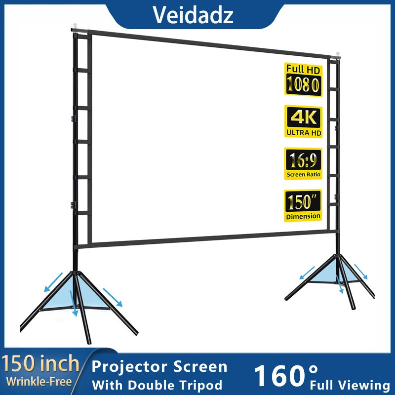 VEIDADZ Projektorleinwand mit Ständer, weiß, knitterfrei, 160 ° Betrachtungswinkel 60-150 Zoll doppelseitiger Bildschirm Heimkino im Freien Image