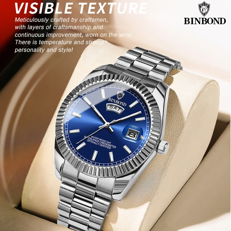 BINBOND B7012 Herren-Mode-Business-Sport-Quarzuhr, 30 m wasserdicht, leuchtend, klassischer Kalender, kreative Uhr, Herren-Armbanduhr Image