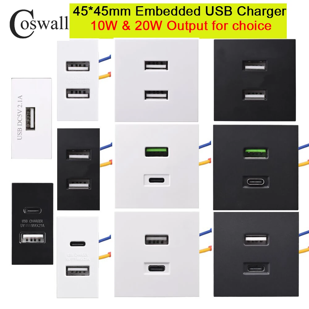 Coswall Wall Dual USB-Buchse Typ A & Typ-C Dual USB 20 W Schnellladegerät, PD 20 W QC 3.0 DIY-Modul Image