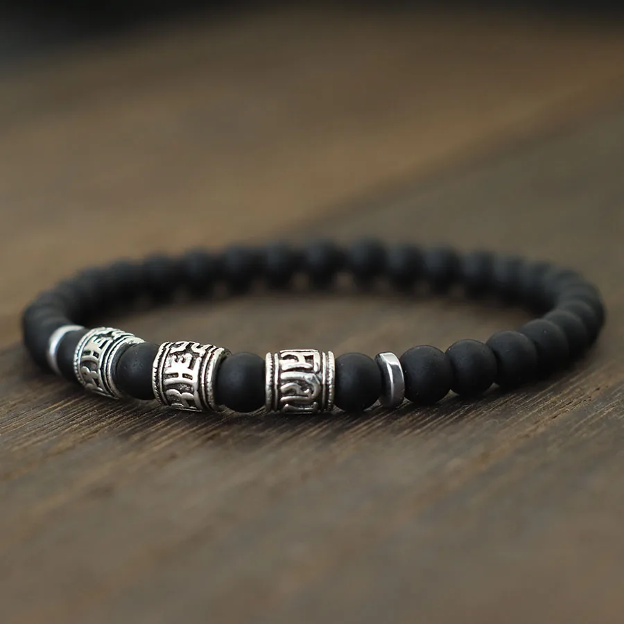 Bracciale da uomo vintage con perline Om Mani Padme Hum Mantra Braslet Accessori per gioielli vichinghi Bracciale in pietra con occhi di tigre in lava naturale