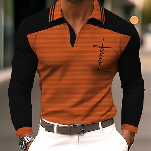 Herren Glaube Poloshirts Golfshirt Langarm Polo-Shirts Hemden mit Kragen Arbeitskleidung Formelle Kleidung Festivalkleidung 3D-Druck Knöpfe Herbst Winter Blau Purpur Orange Image